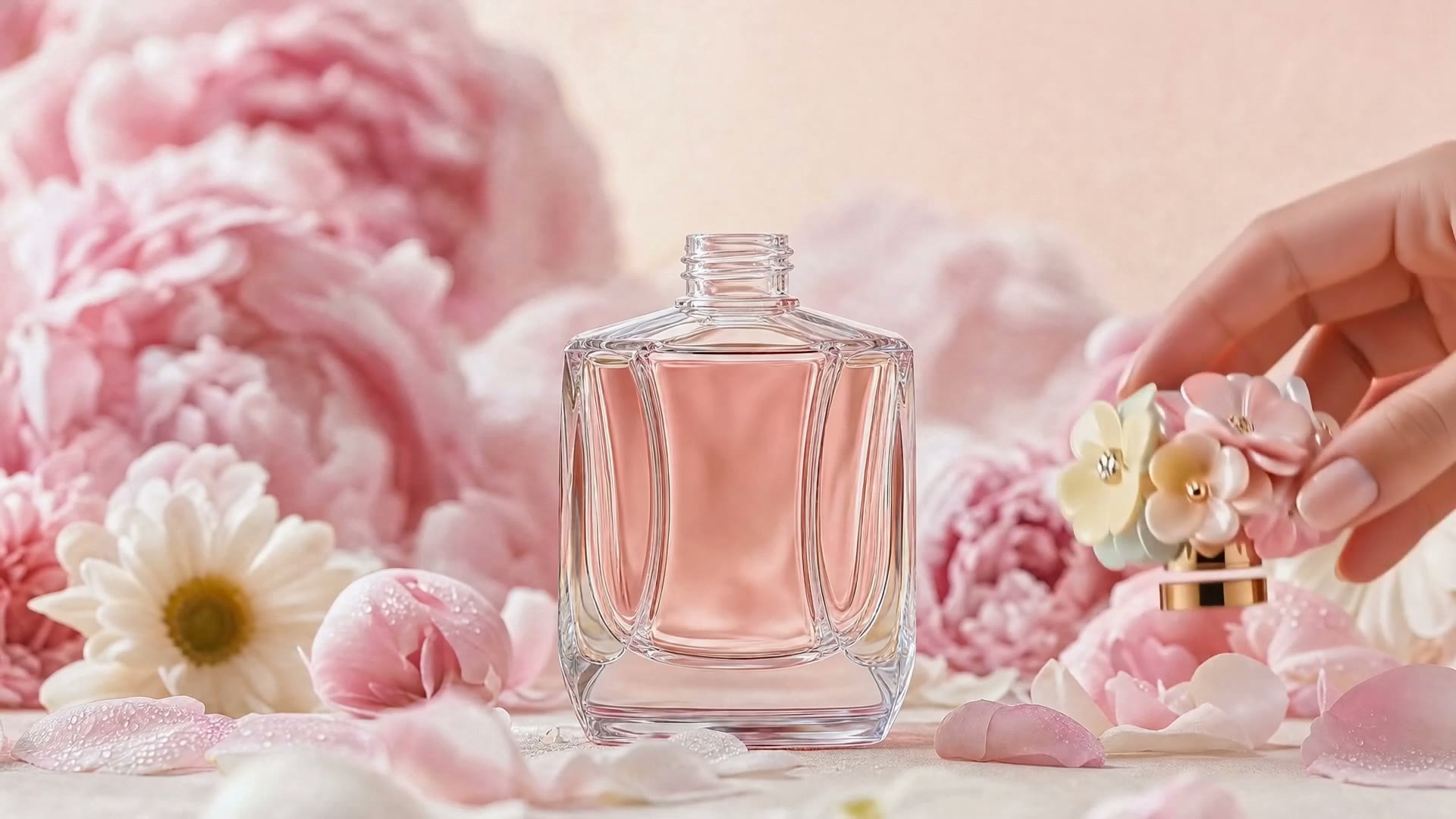 AI perfume concept surrounded by pink flowers